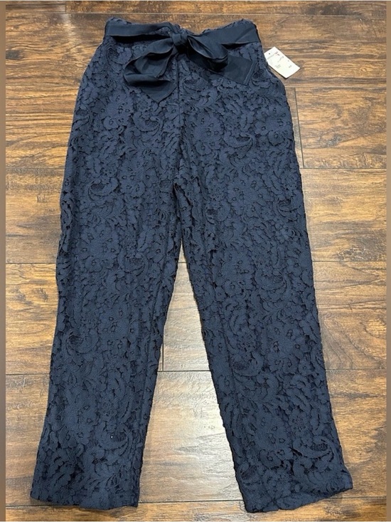 Fanco Pants - Lace Straight-Leg Pants with Self-Tie Waist in Navy